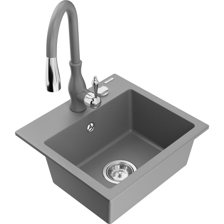 Mexen Milo granito kriauklė su viena kamera ir virtuviniu maišytuvu Savita, pilka - 6505-71-672601-71
