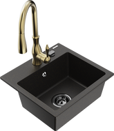 Mexen Milo granitinė vienos kameros virtuvės kriauklė su Savita virtuvės čiaupu, juoda/auksinė metalo spalva