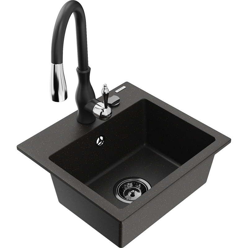 Mexen Milo 1-skyrių granitinis kriauklė su virtuviniu maišytuvu Savita, juodas/aukso metalikas - 6505-75-672601-70-B