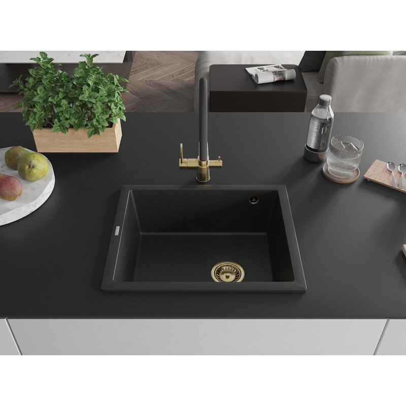 Mexen Pedro granitinė vienos kameros plautuvė 560 x 460 mm, juoda, auksinis sifonas - 6508561000-77-G