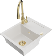 Mexen Enzo granito plautuvė 1 skyrius su nusausintuvu ir virtuviniu čiaupu Savita, balta - 6506-20-672601-50