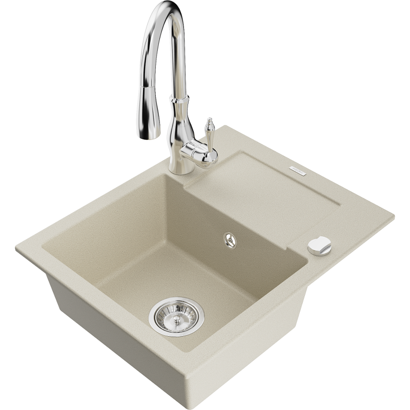 Mexen Enzo granitinė virtuvės plautuvė su nutekamuoju paviršiumi ir maišytuvu Savita, smėlio spalvos - 6506-69-672601-00