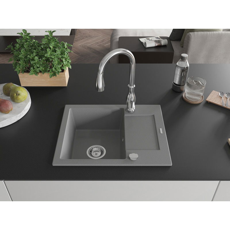 Mexen Enzo granito plautuvė su viena kamera ir nutekėjimu, su Savita virtuvės čiaupu, pilka - 6506-71-672601-00