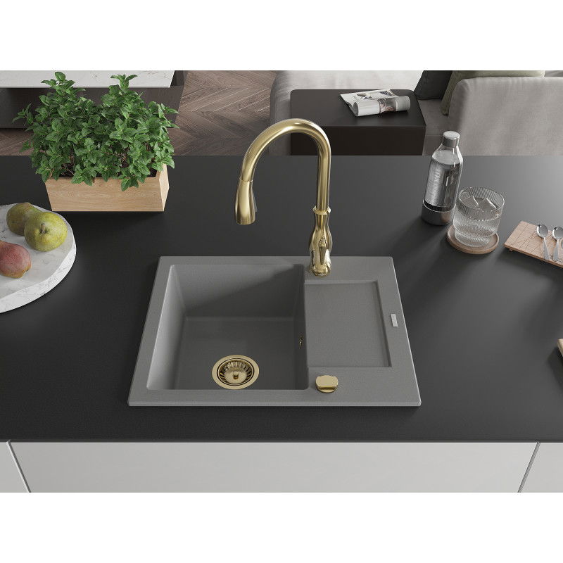 Mexen Enzo granitinė 1 skyrelio kriauklė su varvykla ir virtuviniu maišytuvu Savita, pilka - 6506-71-672601-50