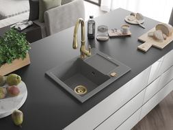 Mexen Enzo granitinė 1 skyrelio kriauklė su varvykla ir virtuviniu maišytuvu Savita, pilka - 6506-71-672601-50