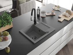 Mexen Enzo granito virtuvės kriauklė su viena kamera ir džiovykle bei virtuvės maišytuvu Savita, pilka - 6506-71-672601-70-B