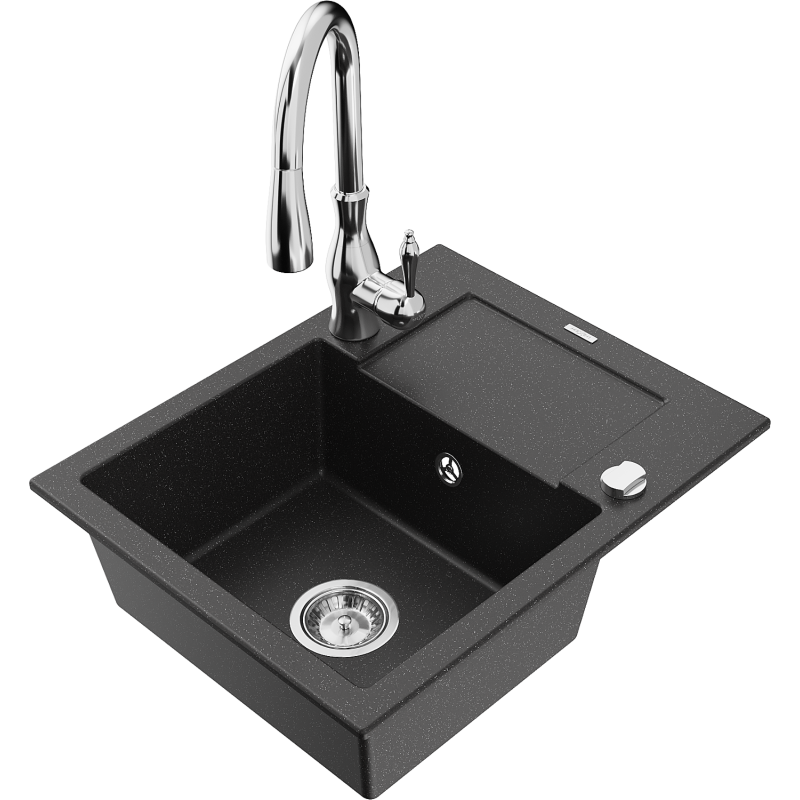 Mexen Enzo granitinis vienos talpos plautuvas su nusausintuvu ir virtuviniu maišytuvu Savita, juodas/sidabrinis metalikas