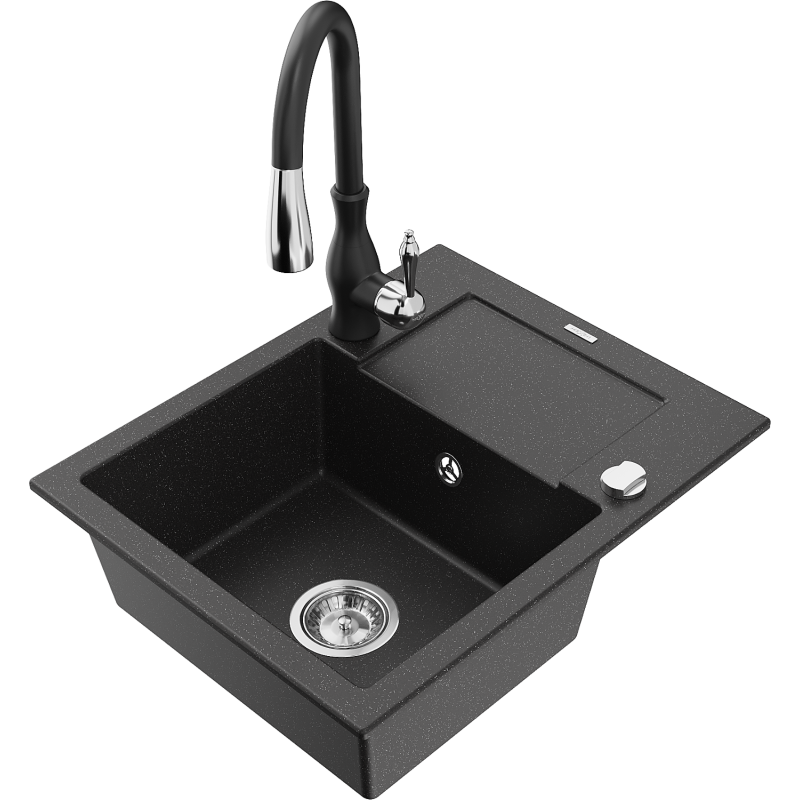 Mexen Enzo granitinė vienos kameros kriauklė su nutekėjimu ir virtuviniu maišytuvu Savita, juoda/sidabrinis metalikas