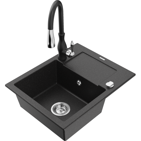 Mexen Enzo granitinė vienos kameros kriauklė su nutekėjimu ir virtuviniu maišytuvu Savita, juoda/sidabrinis metalikas