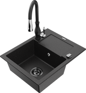 Mexen Enzo granito plautuvė 1-užkamsė su nutekėjimu ir virtuvės maišytuvu Savita, juoda/sidabrinė metalik - 6506-73-672601-70-B