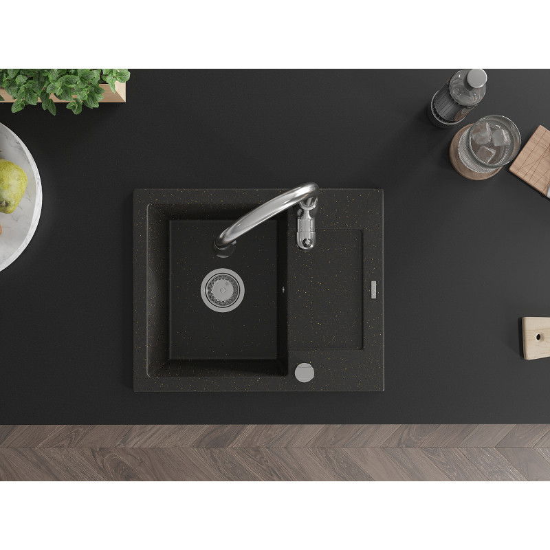 Mexen Enzo granitinė kriauklė 1-sekcijinė su nusausintuvu ir Savita virtuviniu maišytuvu, juoda/auksinis metalikas