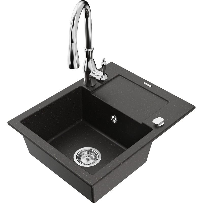 Mexen Enzo granitinė kriauklė 1-sekcijinė su nusausintuvu ir Savita virtuviniu maišytuvu, juoda/auksinis metalikas