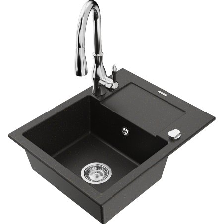 Mexen Enzo granitinė kriauklė 1-sekcijinė su nusausintuvu ir Savita virtuviniu maišytuvu, juoda/auksinis metalikas