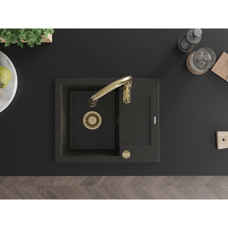 Mexen Enzo granitinė vienos kameros kriauklė su nuvarvėtoju ir virtuvės maišytuvu Savita, juoda/auksinis metalinis