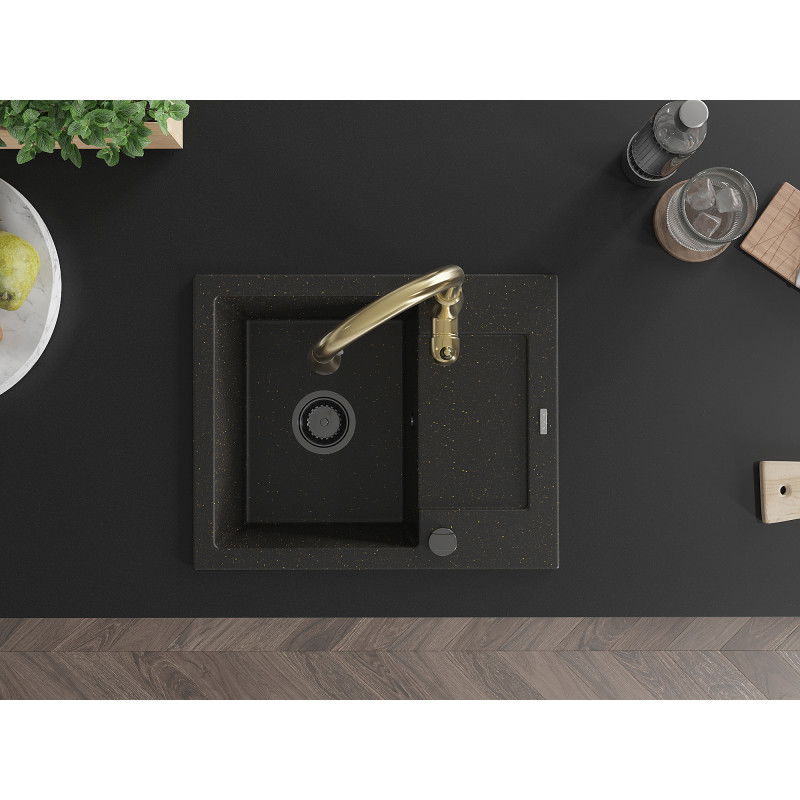 Mexen Enzo granitinė vienos kameros plautuvė su nusausinimo paviršiumi ir virtuviniu maišytuvu Savita, juoda/auksinis