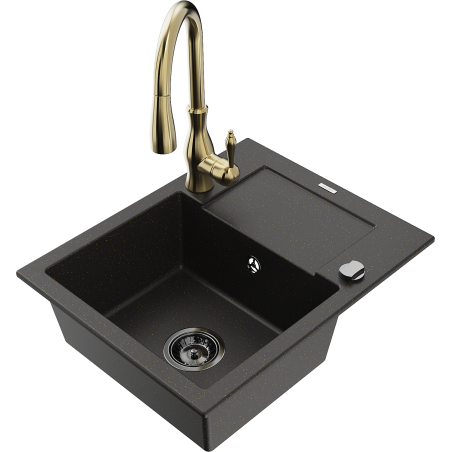 Mexen Enzo granitinė vienos kameros plautuvė su nusausinimo paviršiumi ir virtuviniu maišytuvu Savita, juoda/auksinis