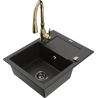 Mexen Enzo granitinė vienos kameros plautuvė su nusausinimo paviršiumi ir virtuviniu maišytuvu Savita, juoda/auksinis