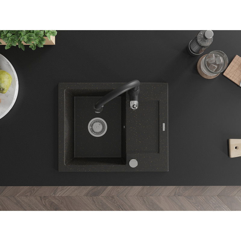 Mexen Enzo grindinis vienos kameros kriauklė su nuoteku ir virtuviniu maišytuvu Savita, juodos/auksinės spalvos metalo