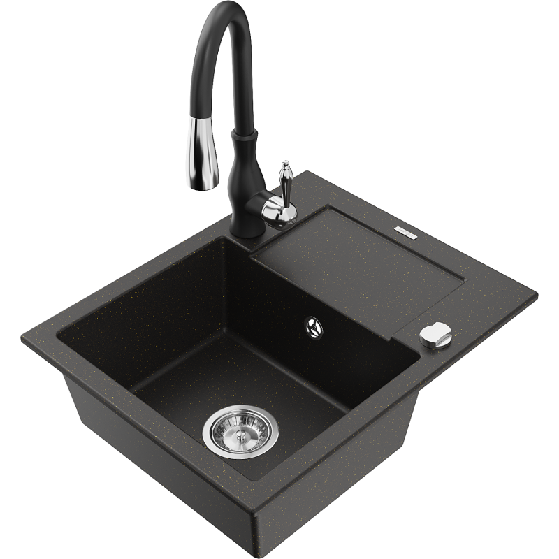 Mexen Enzo grindinis vienos kameros kriauklė su nuoteku ir virtuviniu maišytuvu Savita, juodos/auksinės spalvos metalo