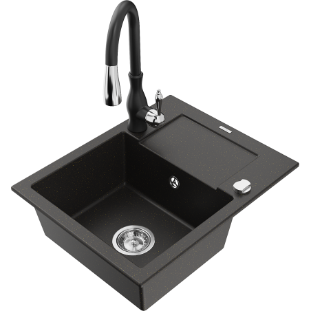 Mexen Enzo grindinis vienos kameros kriauklė su nuoteku ir virtuviniu maišytuvu Savita, juodos/auksinės spalvos metalo