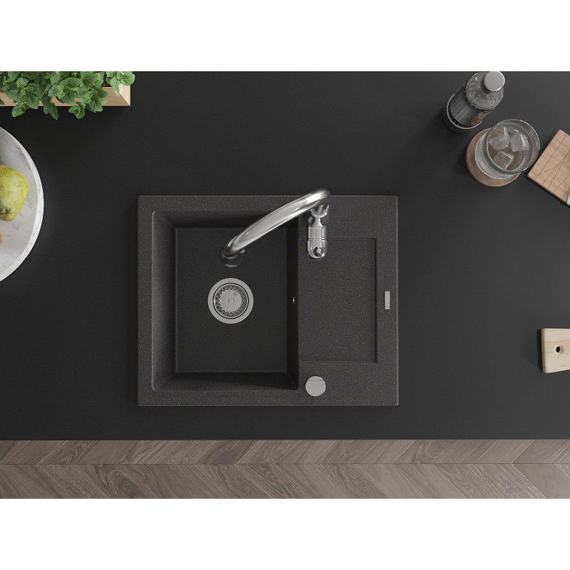 Mexen Enzo granitinė vienos kameros kriauklė su nusausinimo lentynėle ir virtuviniu maišytuvu Savita, juoda marginta