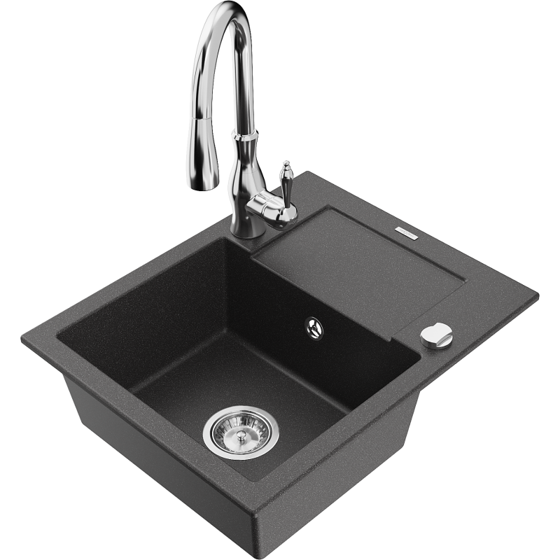 Mexen Enzo granitinė vienos kameros kriauklė su nusausinimo lentynėle ir virtuviniu maišytuvu Savita, juoda marginta