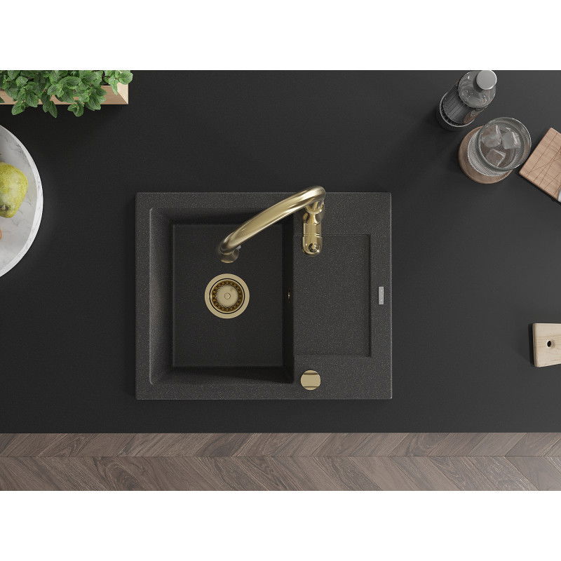 Mexen Enzo vienosios kameros granitinė plautuvė su nutekėjimo paviršiumi ir virtuviniu maišytuvu Savita, juoda su