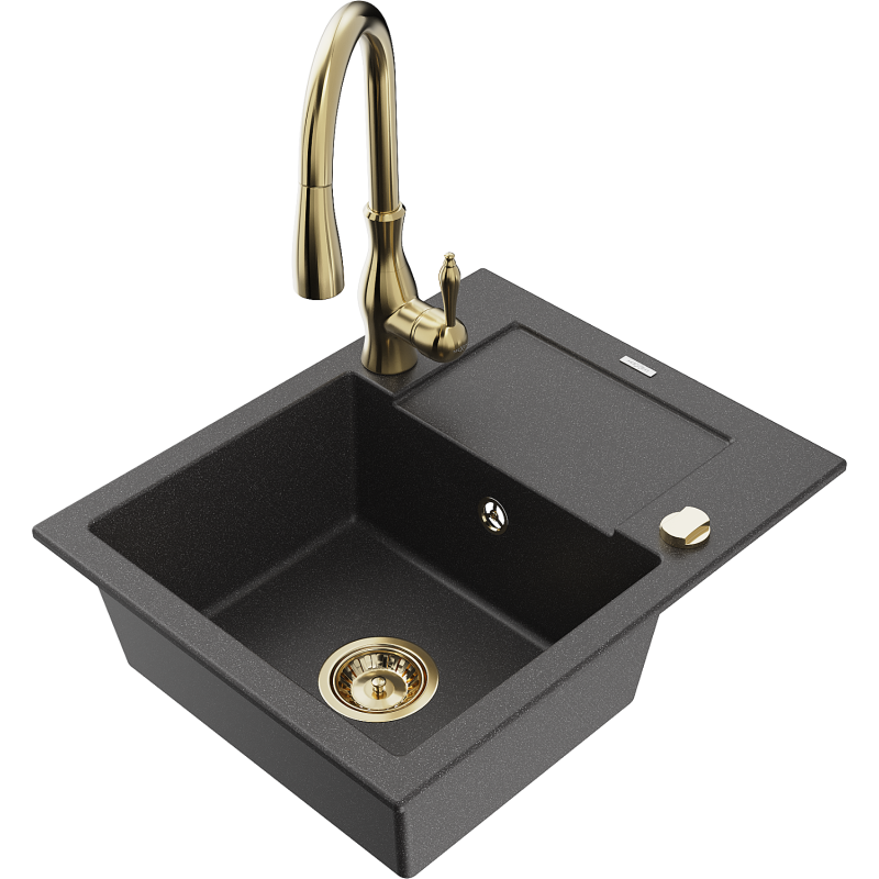 Mexen Enzo vienosios kameros granitinė plautuvė su nutekėjimo paviršiumi ir virtuviniu maišytuvu Savita, juoda su