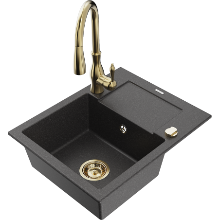 Mexen Enzo vienosios kameros granitinė plautuvė su nutekėjimo paviršiumi ir virtuviniu maišytuvu Savita, juoda su