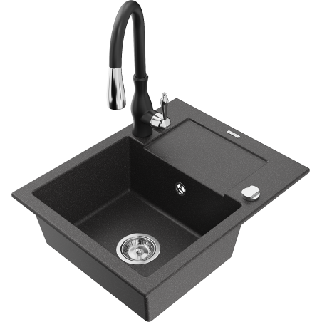 Mexen Enzo granitinė vienos kameros virtuvės kriauklė su nusausintuvu ir virtuvine maišytuvu Savita, juoda su taškeliais