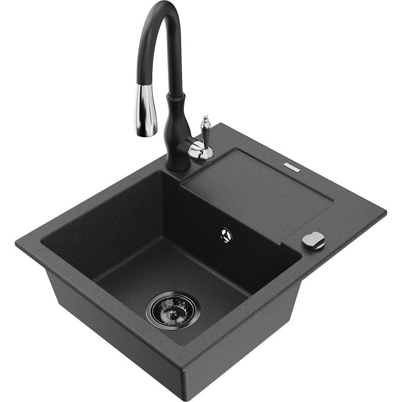 Mexen Enzo granitinė vienos kameros plautuvė su nuvarvėjimo vieta ir virtuviniu maišytuvu Savita, juoda su taškeliais