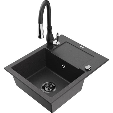 Mexen Enzo granitinė vienos kameros plautuvė su nuvarvėjimo vieta ir virtuviniu maišytuvu Savita, juoda su taškeliais