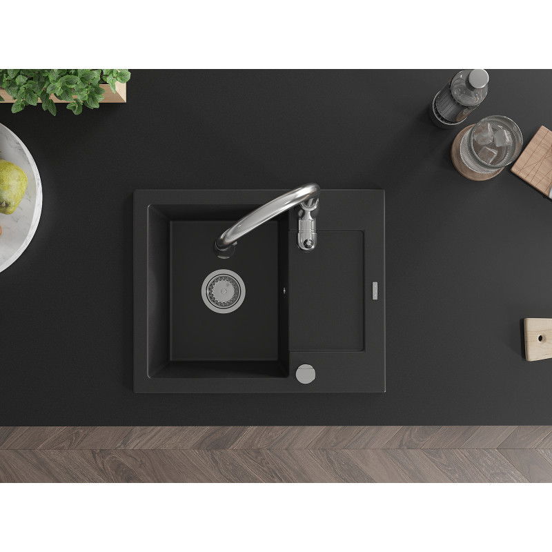 Mexen Enzo granitinė plautuvė 1 skyrius su lašintuvu ir virtuviniu maišytuvu Savita, juoda - 6506-77-672601-00