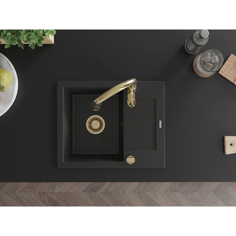 Mexen Enzo granitinė vienos kameros plautuvė su nusausinimo lėkšte ir virtuviniu maišytuvu Savita, juoda - 6506-77-672601-50