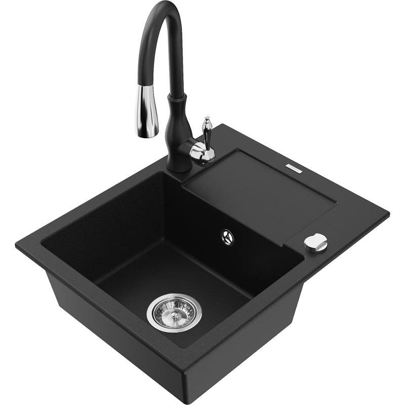 Mexen Enzo granitinė vienos plautuvės kriauklė su nutekėjimu ir Savita virtuvės maišytuvu, juoda - 6506-77-672601-70