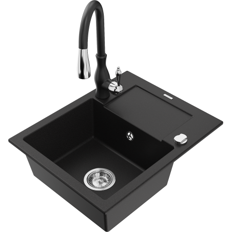 Mexen Enzo granitinė vienos plautuvės kriauklė su nutekėjimu ir Savita virtuvės maišytuvu, juoda - 6506-77-672601-70