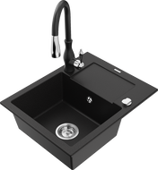 Mexen Enzo granitinė vienos plautuvės kriauklė su nutekėjimu ir Savita virtuvės maišytuvu, juoda - 6506-77-672601-70