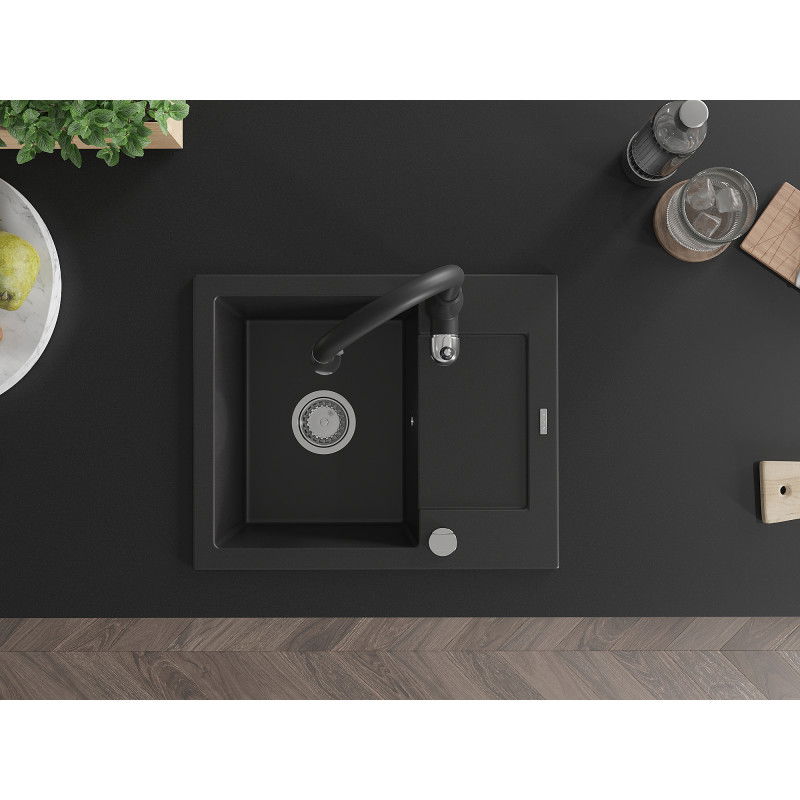 Mexen Enzo granitinė vienos plautuvės kriauklė su nutekėjimu ir Savita virtuvės maišytuvu, juoda - 6506-77-672601-70