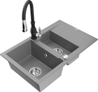 Mexen Gaspar granitinė kriauklė 1,5 sekcijų su nuvarvėtoju ir virtuviniu maišytuvu Savita, pilka - 6507-71-672601-70