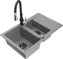 Mexen Gaspar granito kriauklė 1,5 skyrių su nusausintuvu ir virtuvės maišytuvu Savita, pilka - 6507-71-672601-70-B