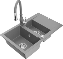 Mexen Gaspar granito plautuvė 1,5 kamerų su drenažu ir virtuvės maišytuvu Savita, pilka - 6507-71-672601-71