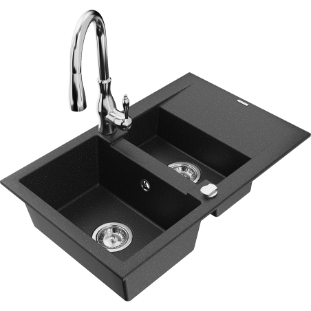 Mexen Gaspar granitinė 1,5 kamerų kriauklė su nusausinimo zona ir virtuviniu maišytuvu Savita, juoda/sidabrinė