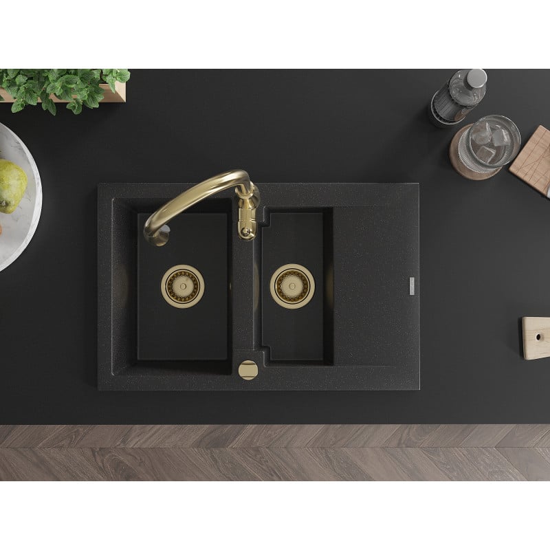 Mexen Gaspar granitinė 1,5 skylių kriauklė su nusausinimo vieta ir virtuviniu čiaupu Savita, juoda/sidabrinė