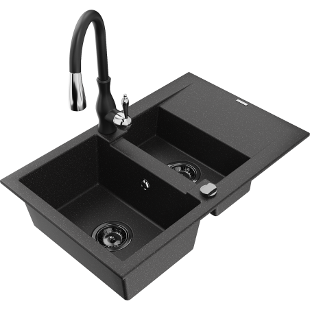 Mexen Gaspar granitinė 1,5 svirties kriauklė su indaplove ir virtuvine maišytuve Savita, juoda/sidabrinė