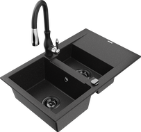 Mexen Gaspar granitinė 1,5 svirties kriauklė su indaplove ir virtuvine maišytuve Savita, juoda/sidabrinė