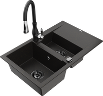 Mexen Gaspar granitinis 1,5 kamerų plautuvė su indaujomis ir virtuviniu maišytuvu Savita, juodas/aukso - 6507-75-672601-70-B