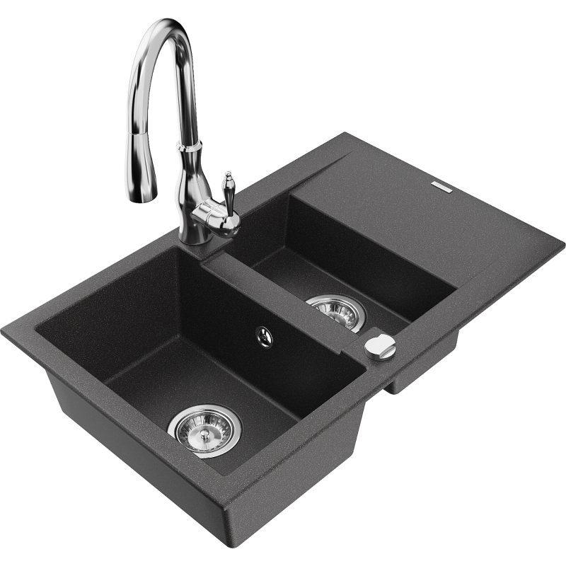 Mexen Gaspar granitinė 1,5 kamerų kriauklė su nuvarvėjimo paviršiumi ir virtuvės maišytuvu Savita, juoda dėmėta