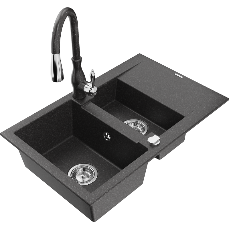 Mexen Gaspar granitinė plautuvė su 1,5 talpos ir nusausintuvu bei virtuviniu maišytuvu Savita, juodos spalvos su taškeliais