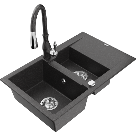 Mexen Gaspar granitinė plautuvė su 1,5 talpos ir nusausintuvu bei virtuviniu maišytuvu Savita, juodos spalvos su taškeliais