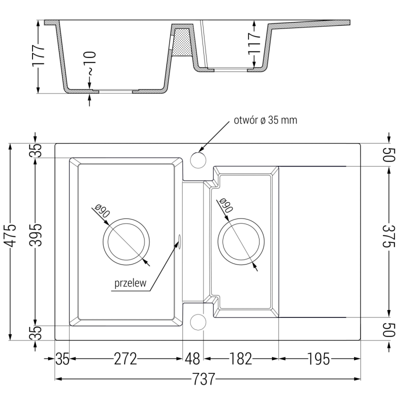 Mexen Gaspar granitinė plautuvė su 1,5 talpos ir nusausintuvu bei virtuviniu maišytuvu Savita, juodos spalvos su taškeliais